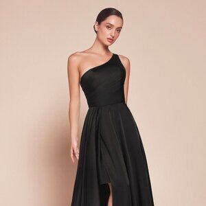 NEW FORMAL A-LINE LONG SOFT SATIN DRESS W/ ONE SHOULDER NECK & LEG SLIT CD 7450